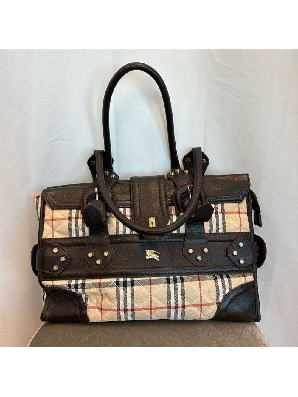 BURBERRY rare unique chocolate brown plaid check nova print cloth bag purse